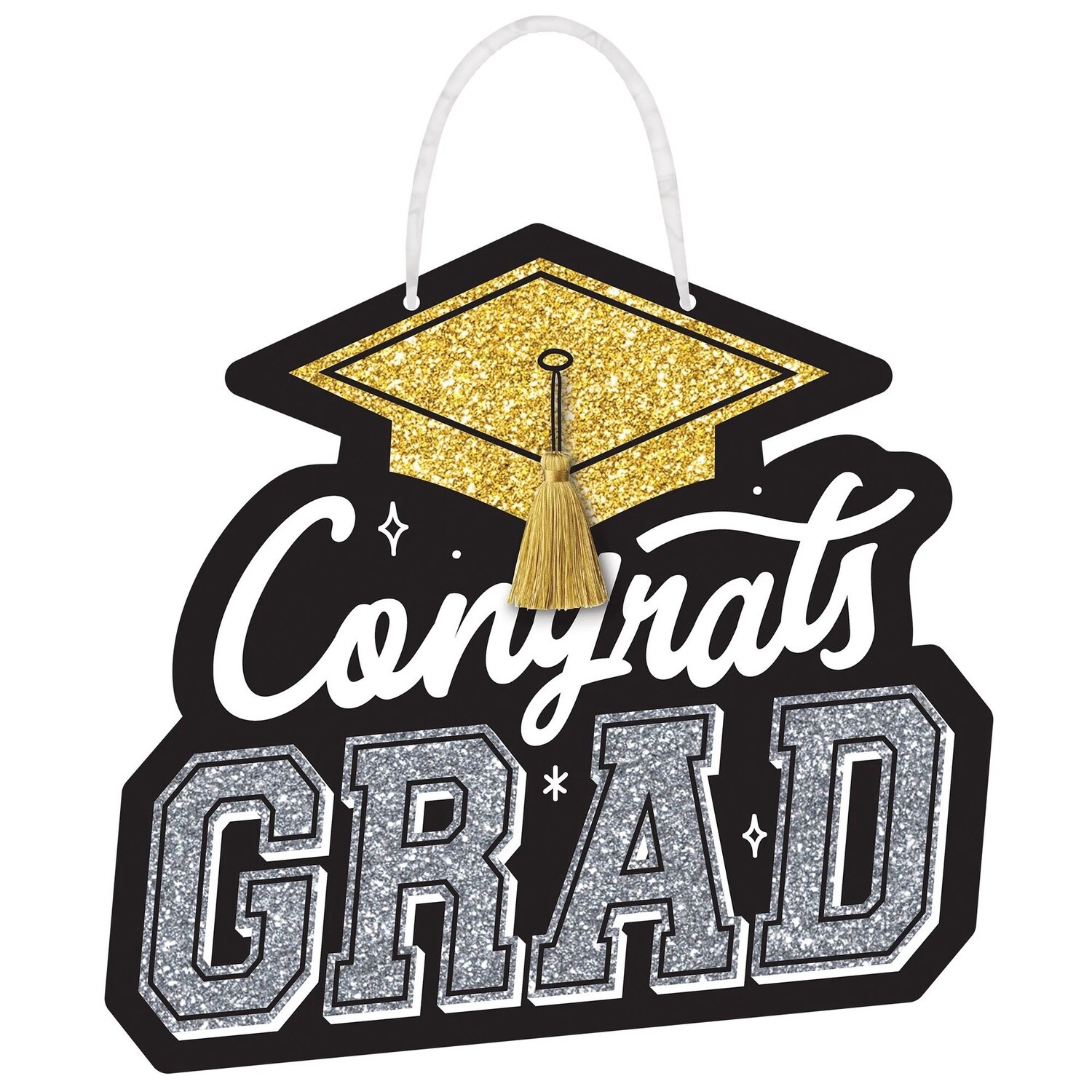 Glitter Gold &amp; Silver Congrats Grad Fiberboard Sign, 11.3in x 10.9in