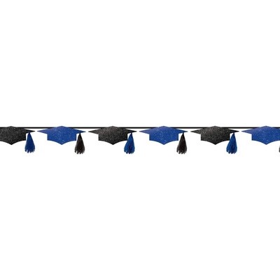 Glitter Black &amp; Blue Grad Cap Cardstock &amp; Ribbon Tassel Banner, 9ft