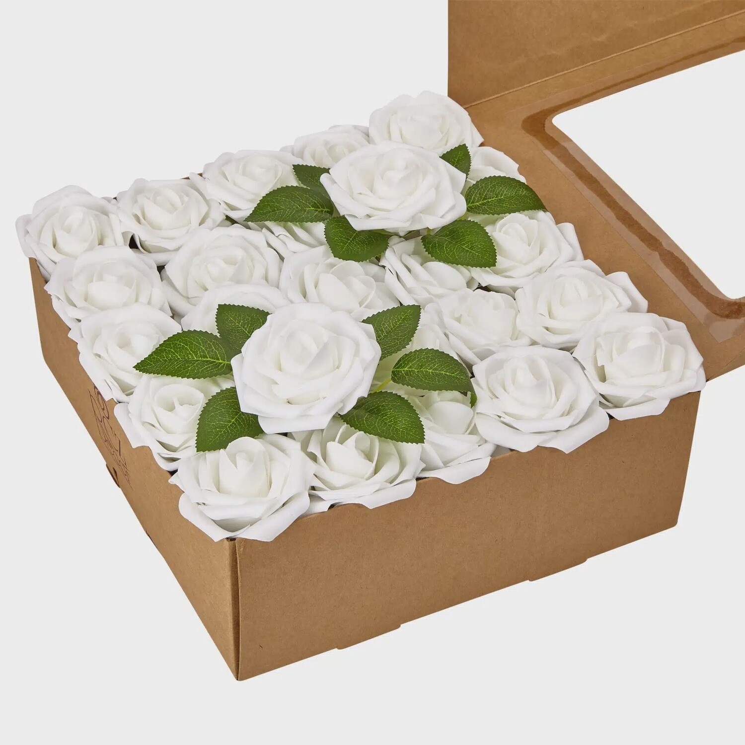 RCZ Décor Artificial Foam Roses for Decoration, Attractive Fake Flowers for DIY Wedding Centerpieces, Includes: 50 Roses with Stems and 20 Leaves, Color: WHITE