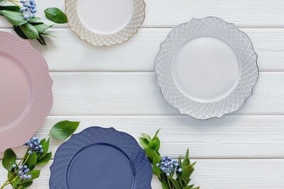 Navy-Floral Embossed Plastic Plates for Party, Heavy Duty Disposable Dinner Set, (20 PC), Harmony Collection