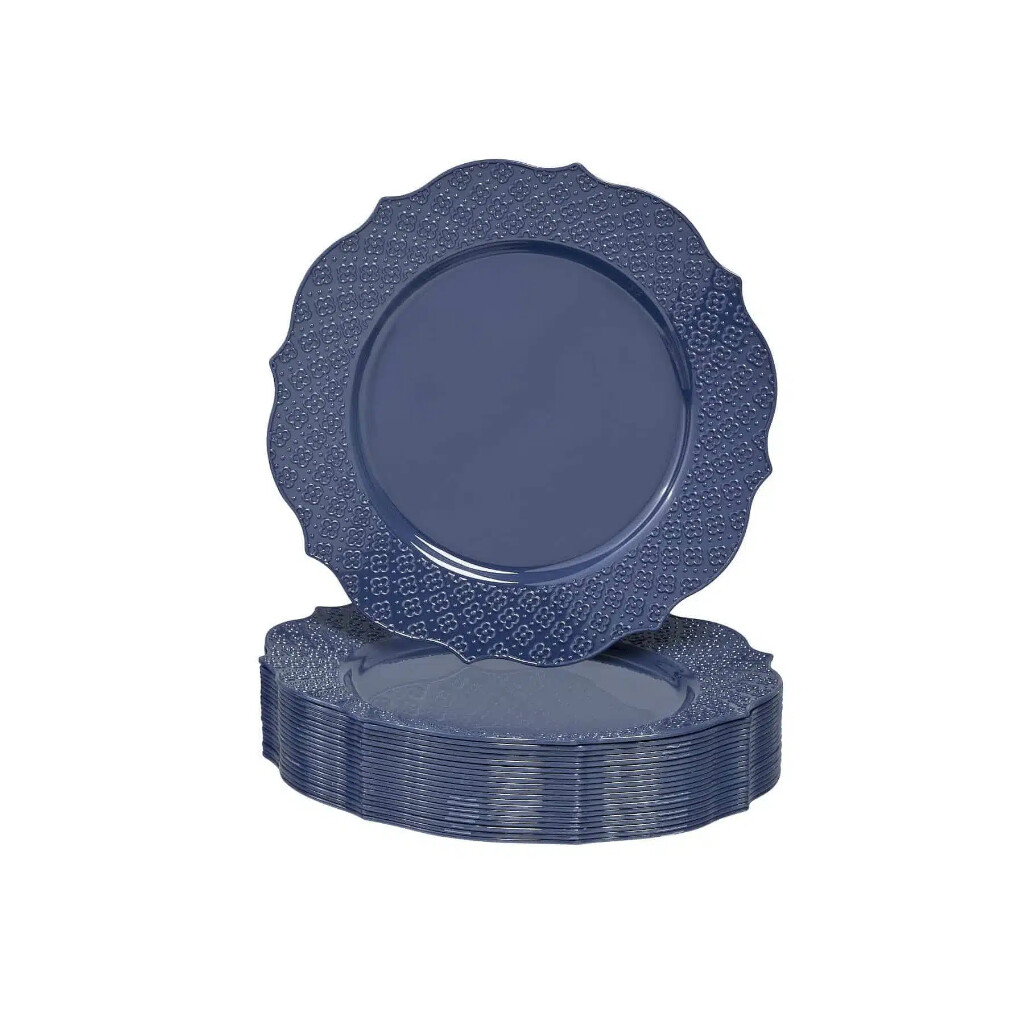 Navy-Floral Embossed Plastic Plates for Party, Heavy Duty Disposable Dinner Set, (20 PC), Harmony Collection