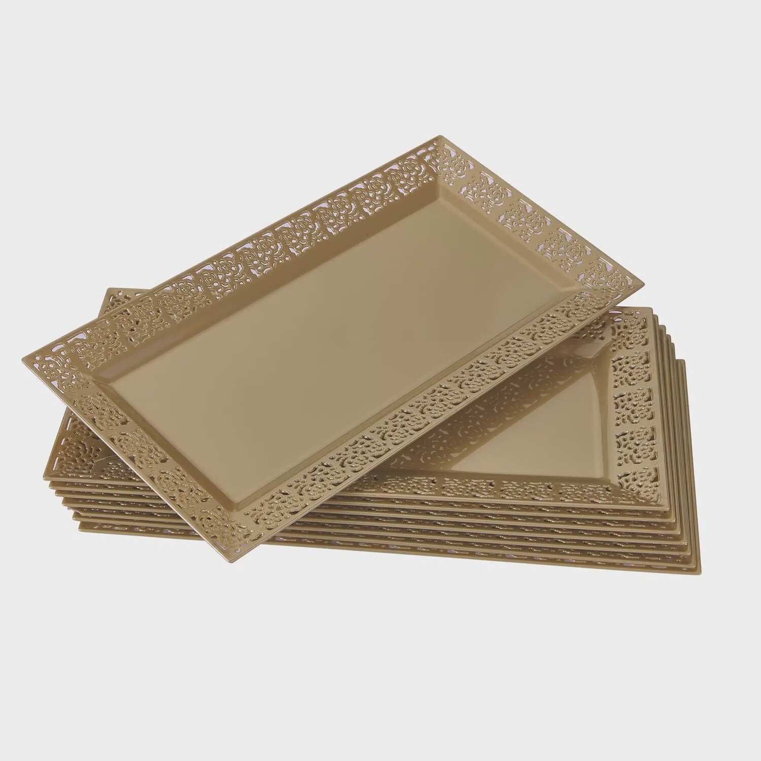 Elegant Lace Plastic Serving Trays, Disposable Plastic Trays and Platters for Party, 14” x 7.5”, (6 PC), Color: GOLD