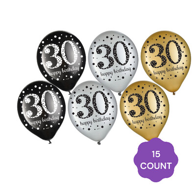 15ct, 30th Birthday Balloons - Sparkling Celebration