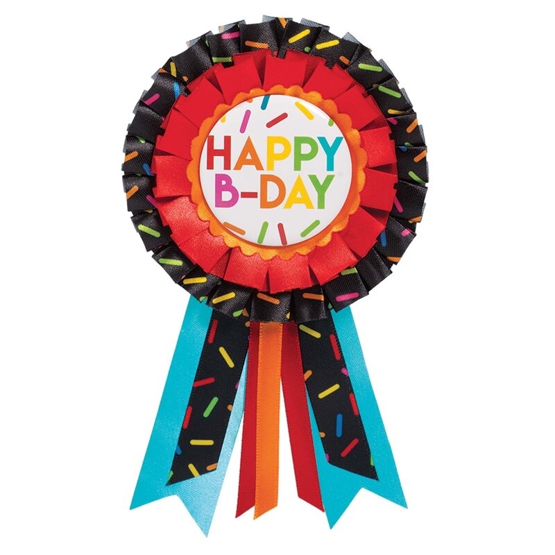 Multicolor Sprinkles Happy B-Day Fabric &amp; Plastic Award Ribbon, 3in x 6.25in