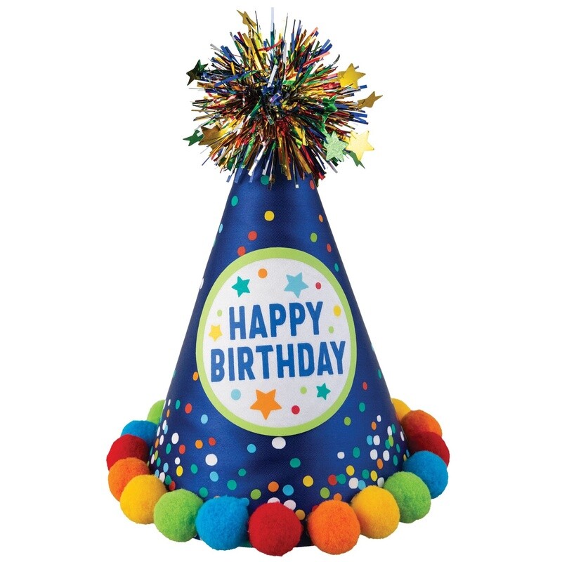 Blue Confetti &amp; Pom-Pom Birthday Cardstock &amp; Fabric Party Hat, 6.25in x 8.25in