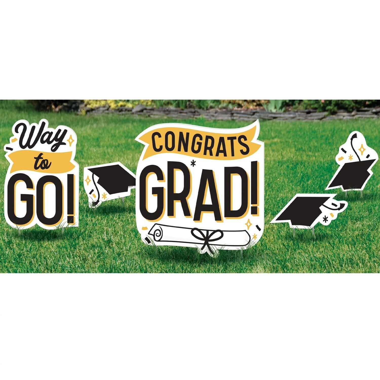 Black, White &amp; Gold Congrats Grad Corrugated Plastic Yard Signs, 5ct