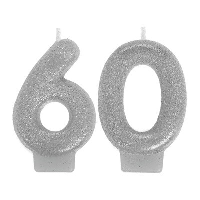 Glitter Silver Number 60 Birthday Candles 2ct