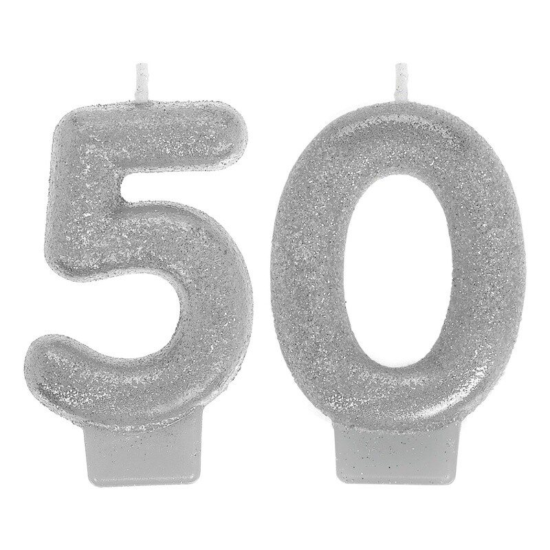 Glitter Silver Number 50 Birthday Candles 2ct