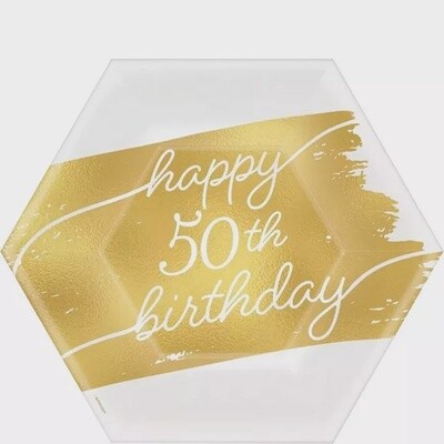 Metallic Golden Age Happy 50th Birthday Hexagonal Paper Dessert Plate, 7in, 8ct