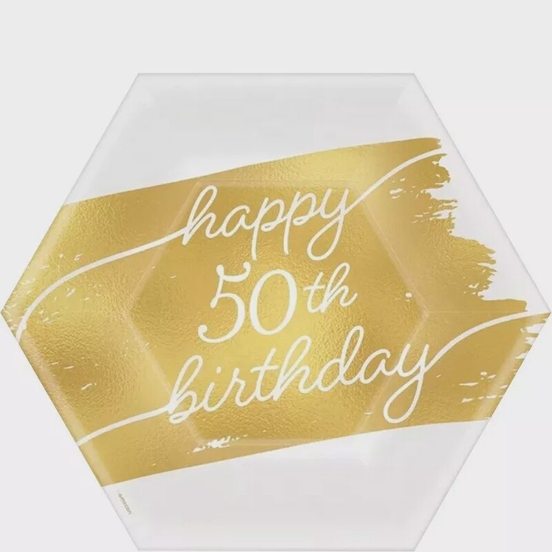 Metallic Golden Age Happy 50th Birthday Hexagonal Paper Dessert Plate, 7in, 8ct
