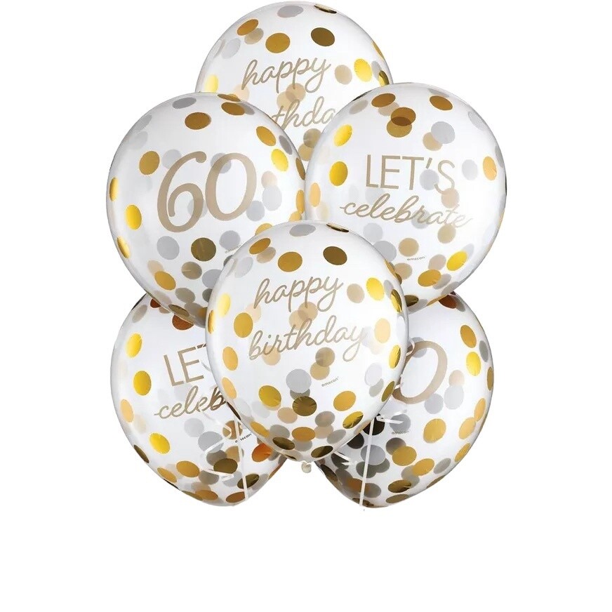 6ct, 12in, Metallic Golden Age 60th Birthday Latex Confetti Balloons