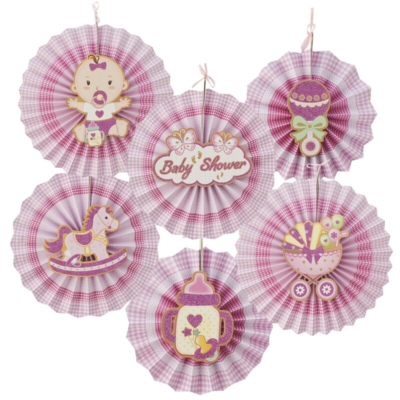 Hanging Paper Fan &quot;Baby Shower&quot; 6pc Set - Pink