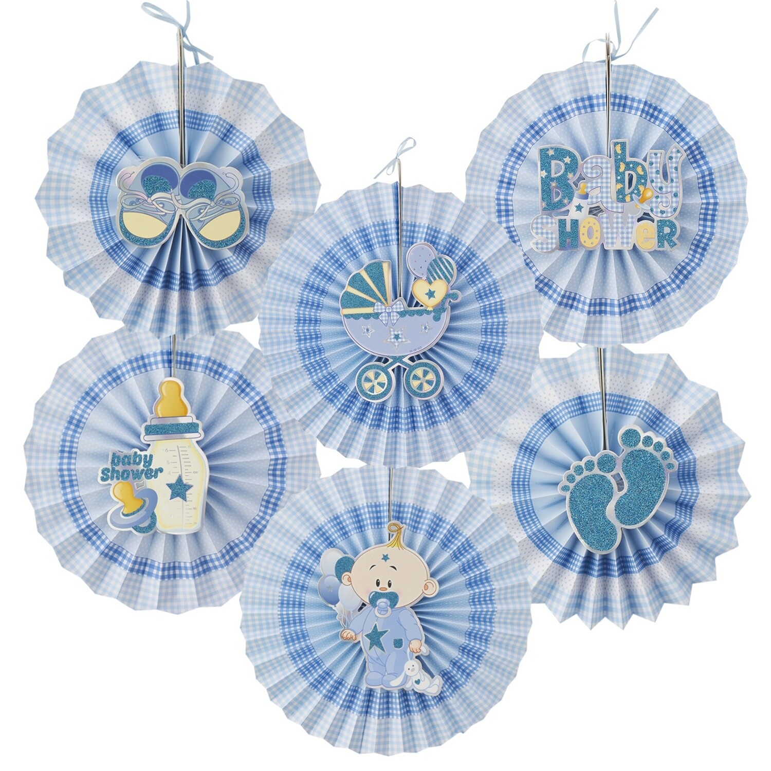 Hanging Paper Fan &quot;Baby Shower&quot; 6pc Set - Blue
