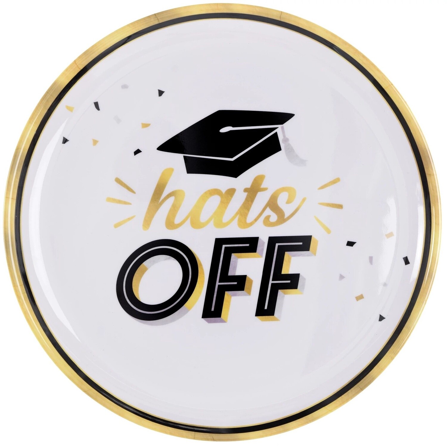 Black &amp; Gold Hats Off Graduation Melamine Round Platter, 13.5in