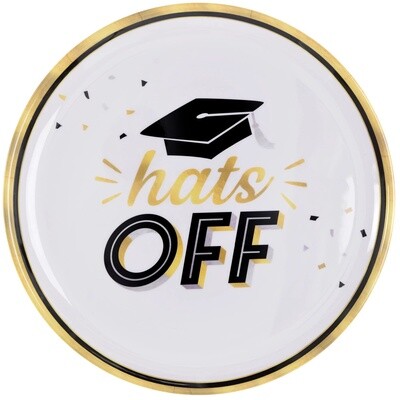 Black &amp; Gold Hats Off Graduation Melamine Round Platter, 13.5in