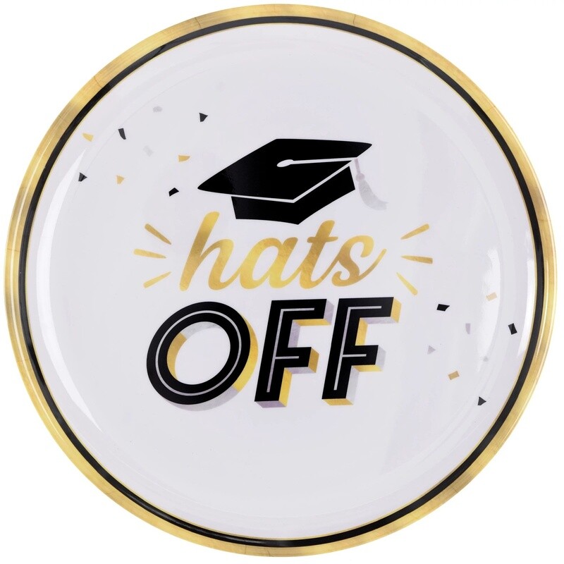 Black &amp; Gold Hats Off Graduation Melamine Round Platter, 13.5in