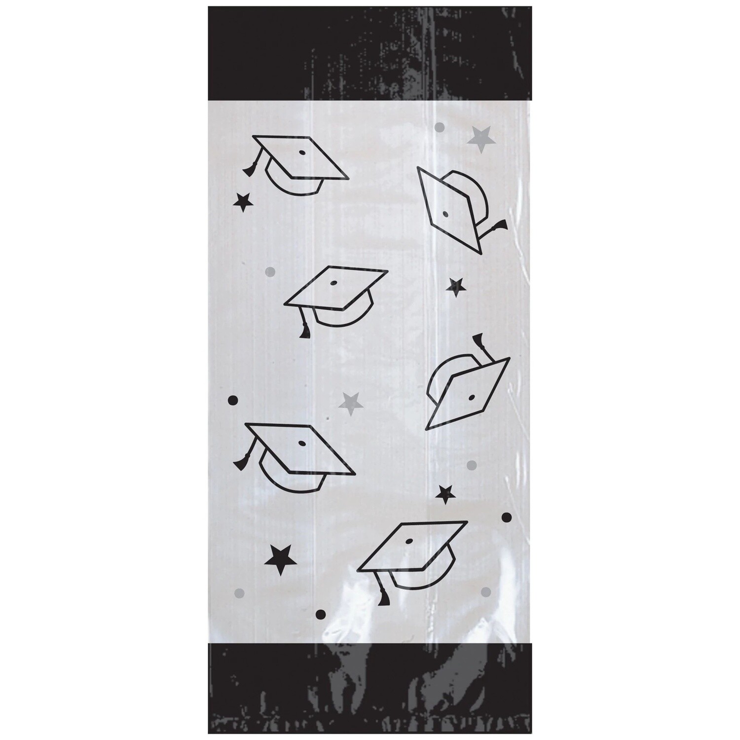 Black &amp; Silver Mortarboard Graduation Cellophane Treat Bags, 4in x 9.5in, 20ct