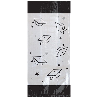 Black &amp; Silver Mortarboard Graduation Cellophane Treat Bags, 4in x 9.5in, 20ct