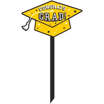 Yellow Congrats Grad Cap Plastic Yard Stake, 13.5in x 20.5in