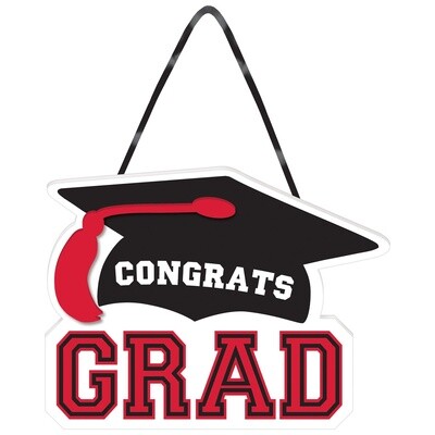 Red Congrats Grad MDF Hanging Sign, 10.15in x 7.6in
