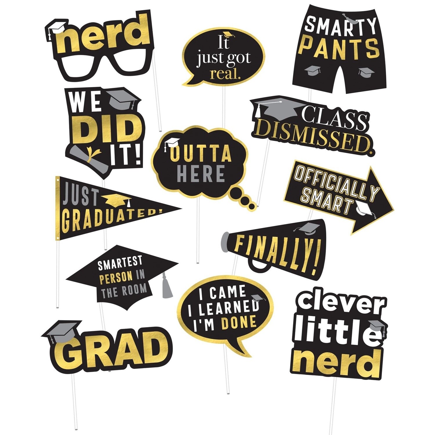 Black, Silver &amp; Gold Graduation Photo Props, 13pc