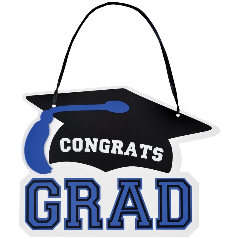 Blue Congrats Grad MDF Hanging Sign, 10.15in x 7.6in