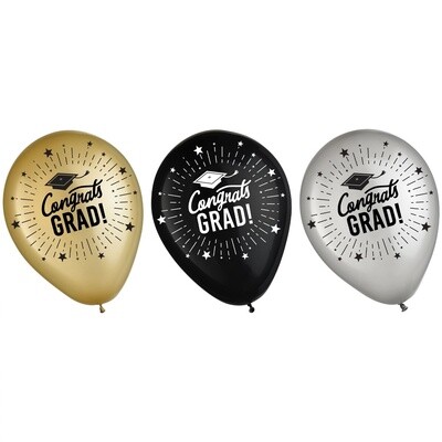 15ct, 12in, Black, Silver &amp; Gold Congrats Grad Latex Balloons