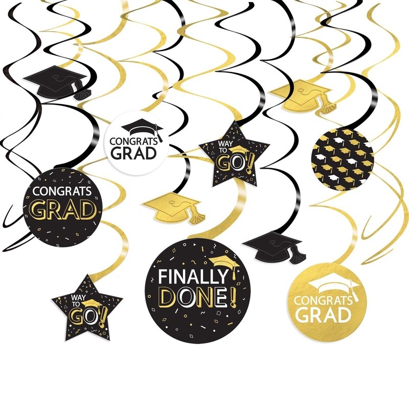 Black, Silver, &amp; Gold Congrats Grad Cardstock Swirl Decorations, 30pc