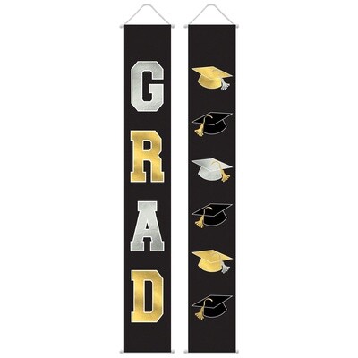 Black, Silver &amp; Gold Graduation Fabric Vertical Banners, 1.1ft x 6ft, 2ct