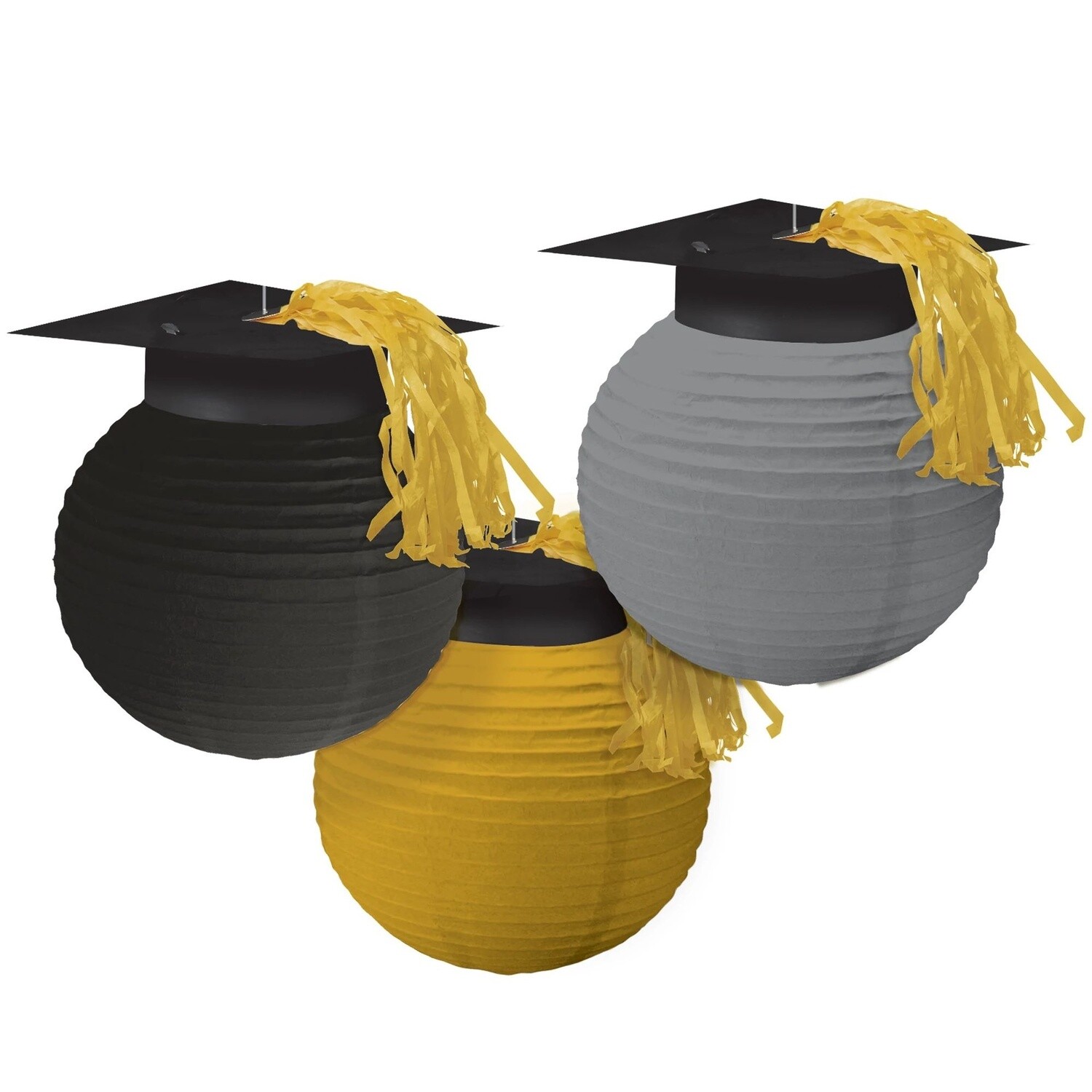 Black, Gold &amp; Silver Grad Cap with Tassel Paper Lanterns, 9.5in, 3ct