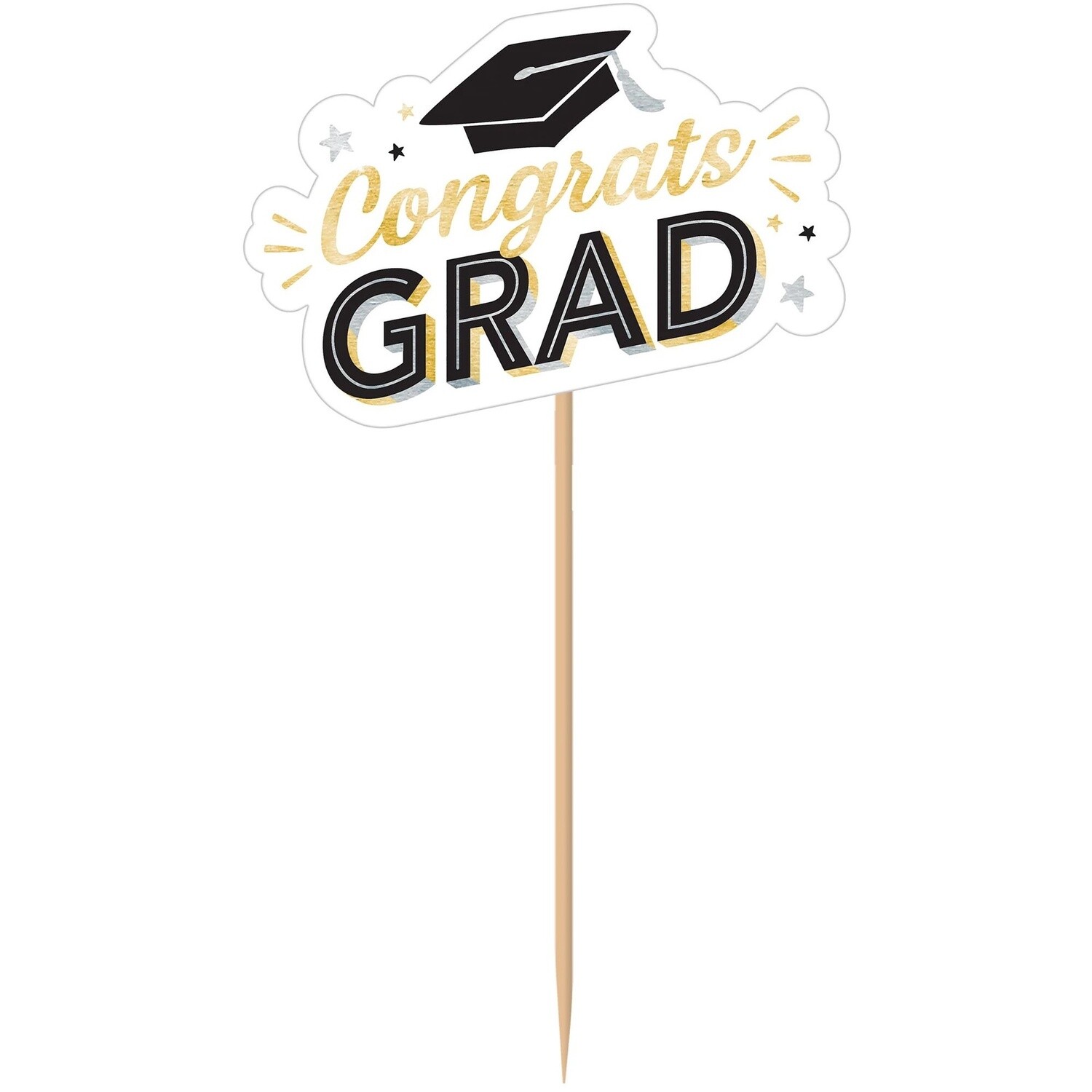 Black, Silver &amp; Gold Congrats Grad Centerpiece Picks, 13.3in, 6ct