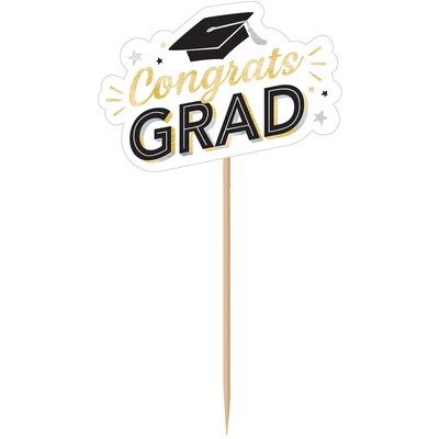 Black, Silver &amp; Gold Congrats Grad Centerpiece Picks, 13.3in, 6ct