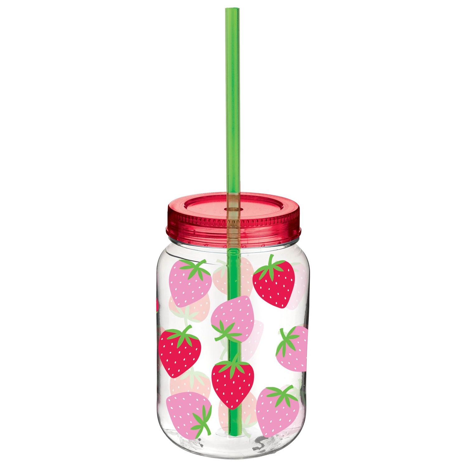 Summer Strawberry Plastic Mason Jar Cup with Straw, 16oz