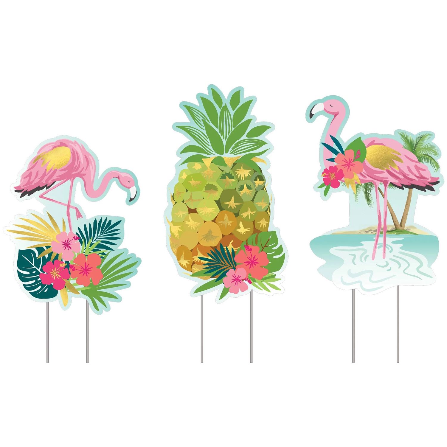 Flamingo &amp; Pineapple Summer Luau Corrugated Plastic Yard Sign Set, 20.2in to 24.5in, 3pc