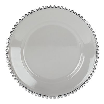 ROUND CLEAR CHARGE PLATE With COLOR BEADED TRIM 13"           (GOLD)         (SILVER)