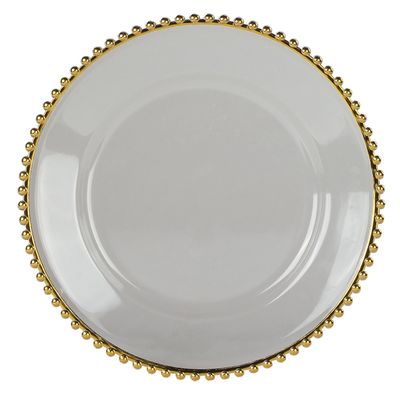 ROUND CLEAR CHARGE PLATE With COLOR BEADED TRIM 13&quot;           (GOLD)         (SILVER)