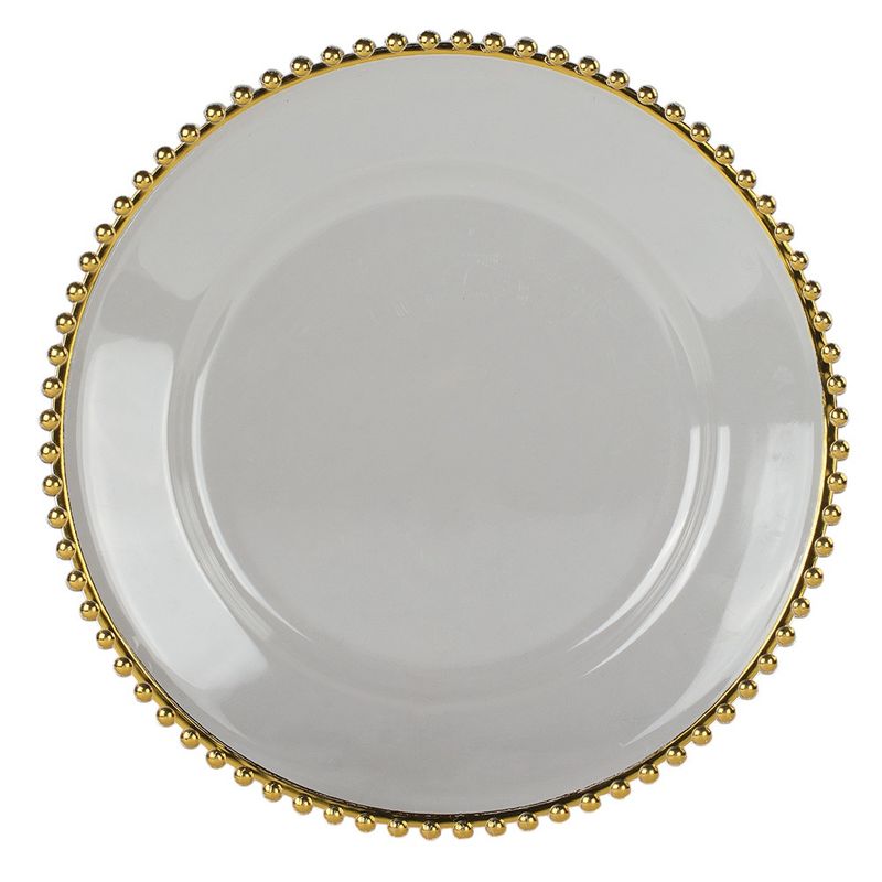 ROUND CLEAR CHARGE PLATE With COLOR BEADED TRIM 13&quot;           (GOLD)         (SILVER)