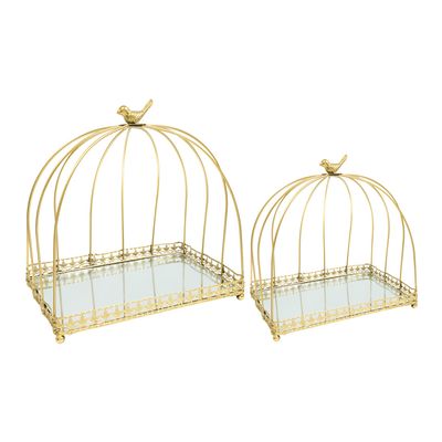 Rectangle Birdcage Cake Stand With Mirror 2pc/set - Gold