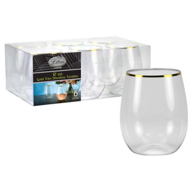 Stemless Wine Clear Plastic Glass with color trim 12oz