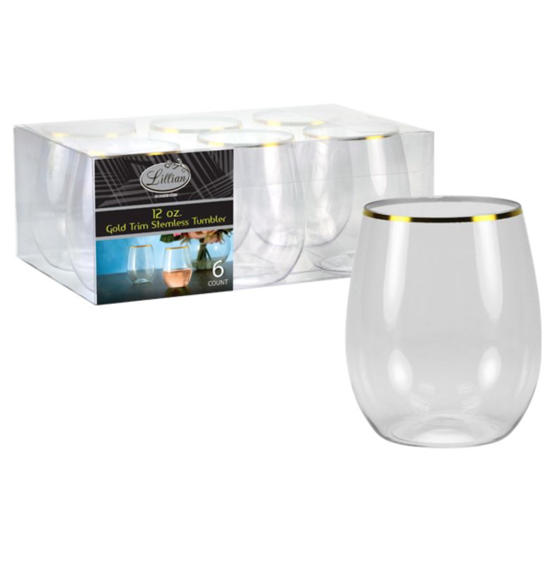 Stemless Wine Clear Plastic Glass with color trim 12oz, Color: Gold