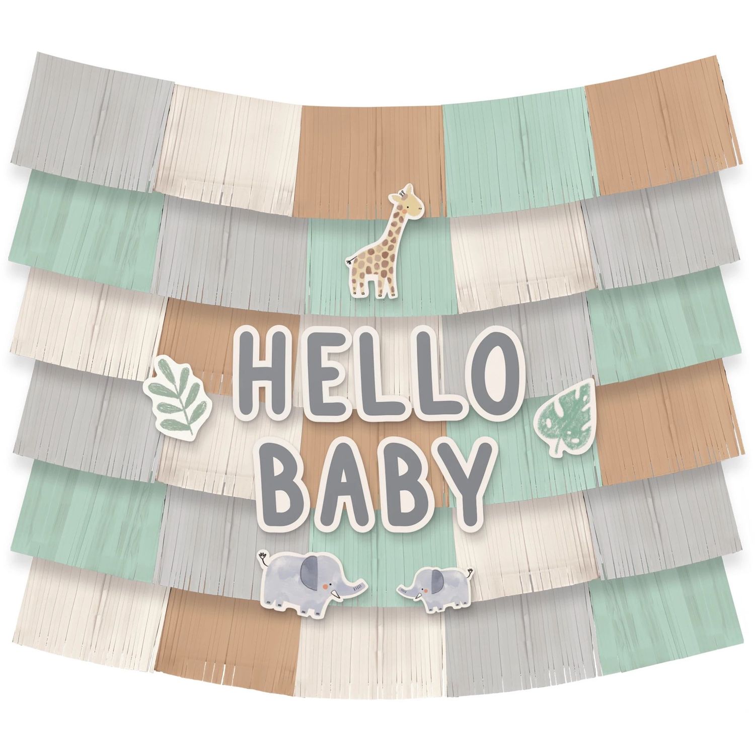 Hello Baby Soft Jungle Baby Shower Fringe Banner Backdrop with Cutouts, 5ft x 4.8ft