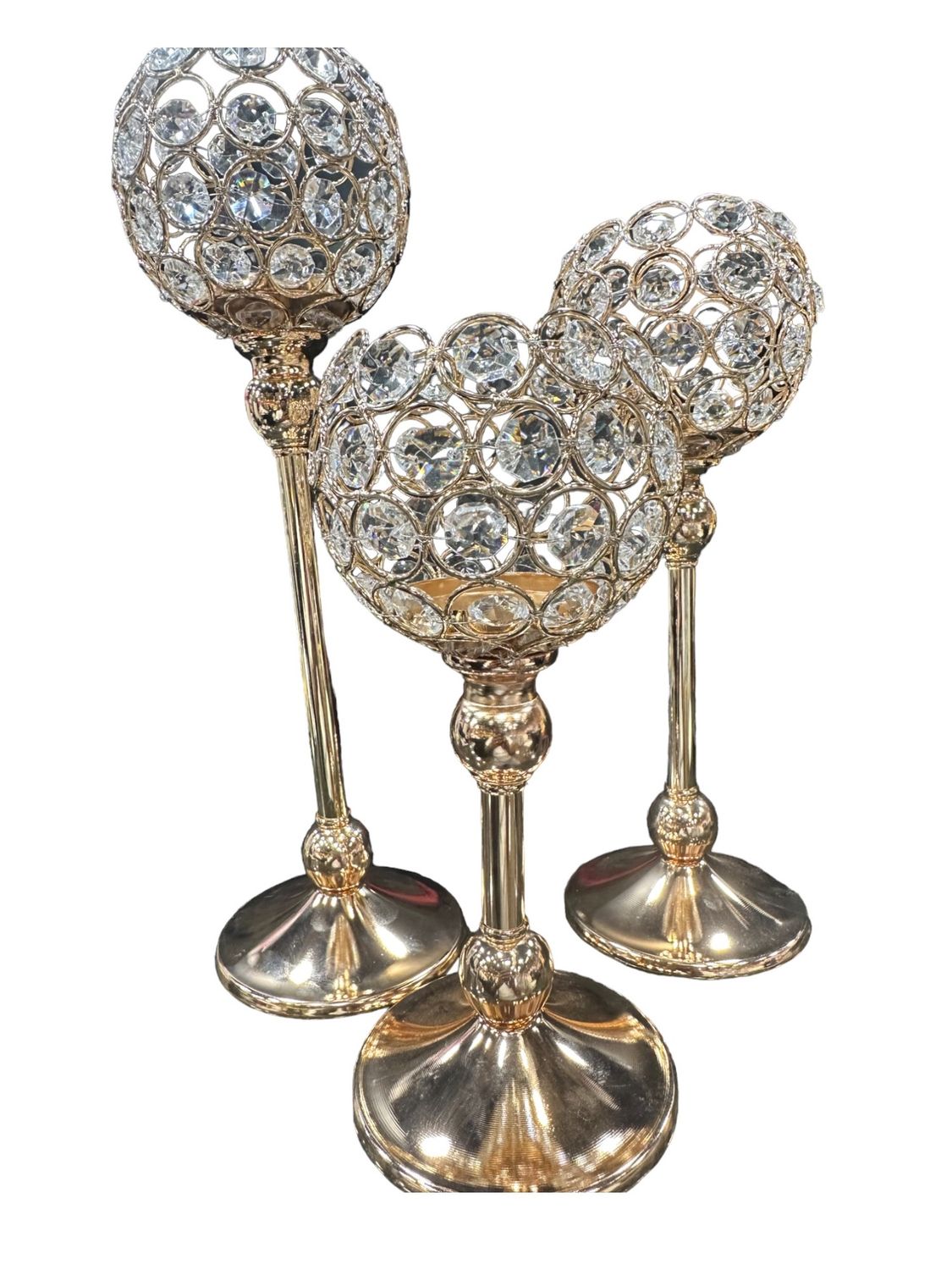 Crystal Candle Holders- Gold 3pcs set 4&quot;W - 9&quot;H , 11H , 13H