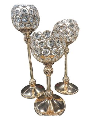 Crystal Candle Holders- Gold 3pcs set 4&quot;W - 9&quot;H , 11H , 13H