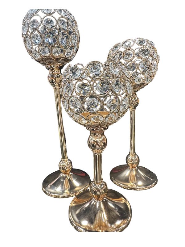 Crystal Candle Holders- Gold 3pcs set 4&quot;W - 9&quot;H , 11H , 13H