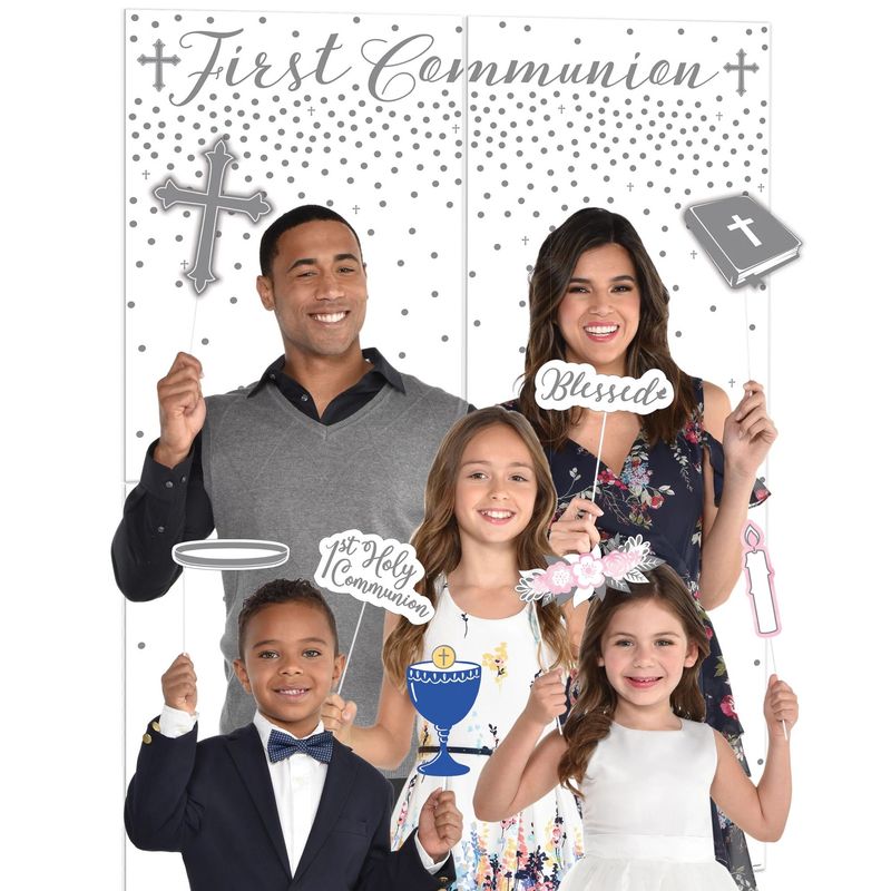 White &amp; Gray First Communion Scene Setter with Photo Booth Props