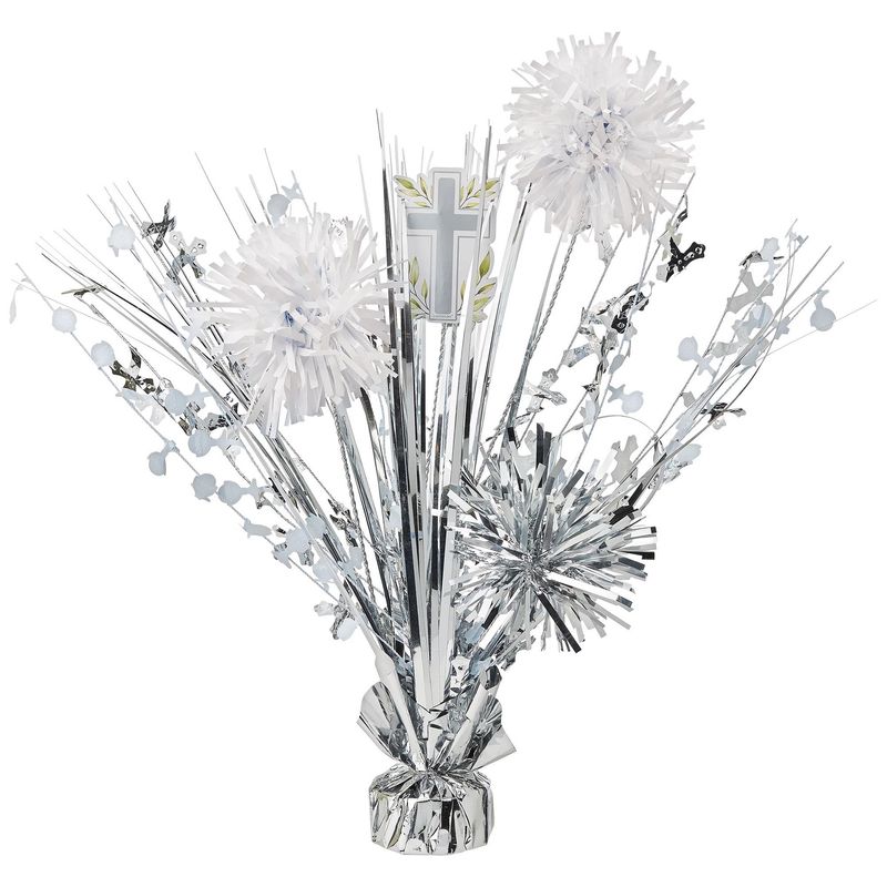 Silver My First Communion Tinsel Burst Centerpiece, 18in