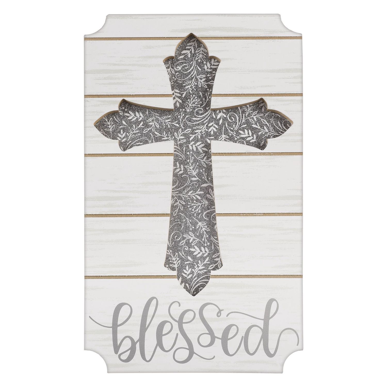 Glitter Silver Blessed Cross Easel Sign