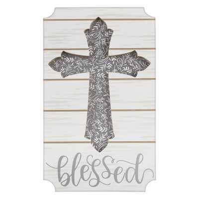 Glitter Silver Blessed Cross Easel Sign
