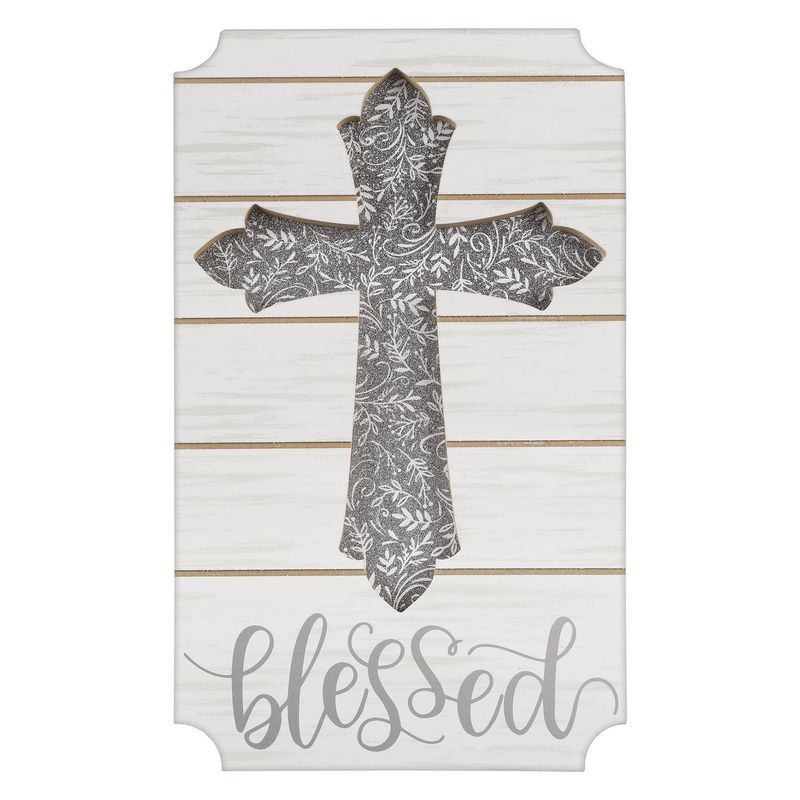 Glitter Silver Blessed Cross Easel Sign