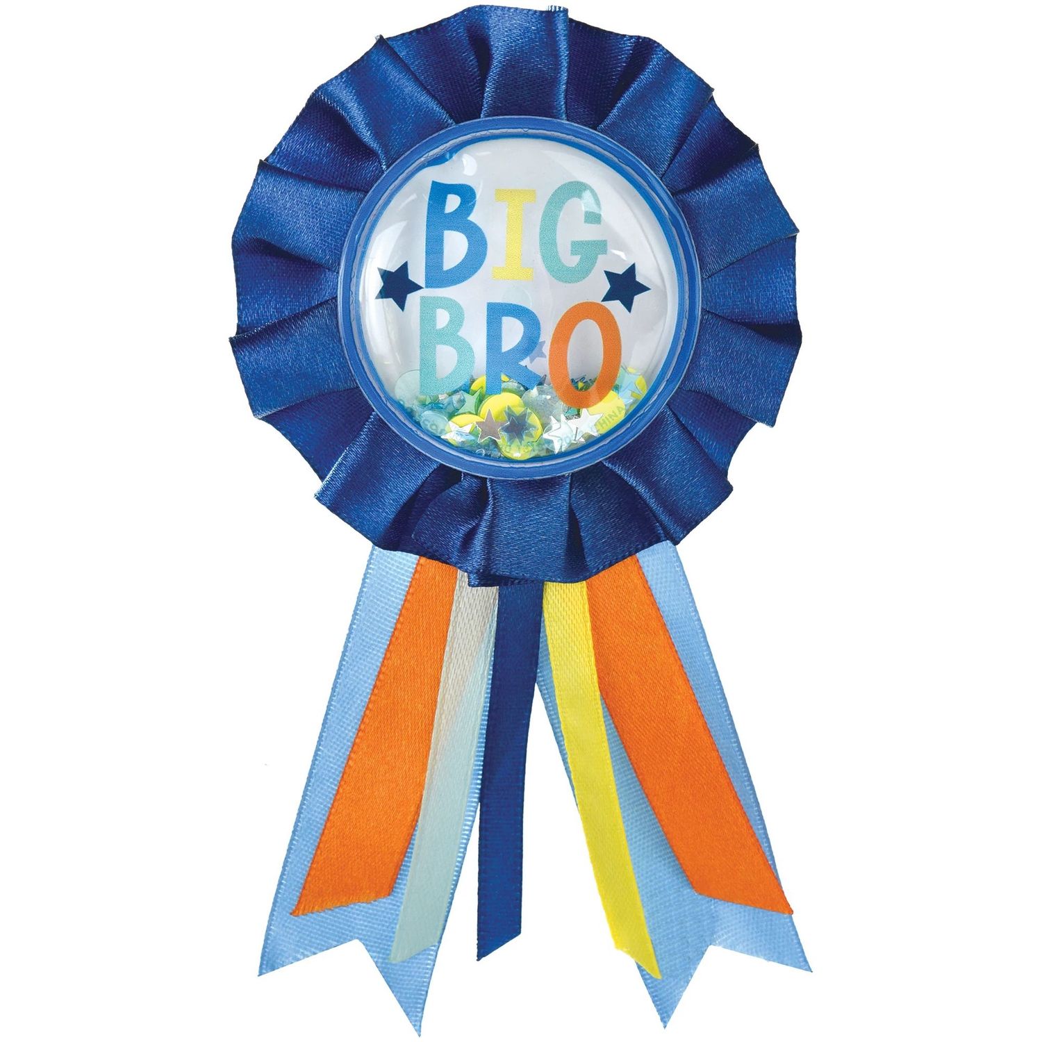 Blue, Orange &amp; Yellow Big Bro Confetti Shake Baby Shower Award Ribbon
